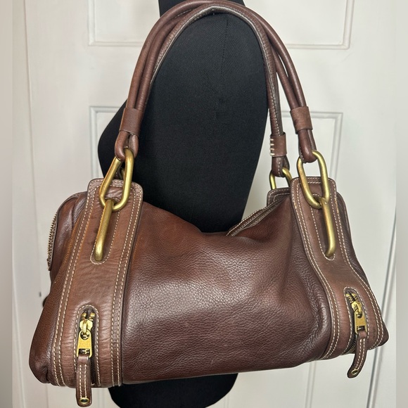 Kate Landry Brown Leather Shoulder Bag with Gold Accents - Picture 3 of 12